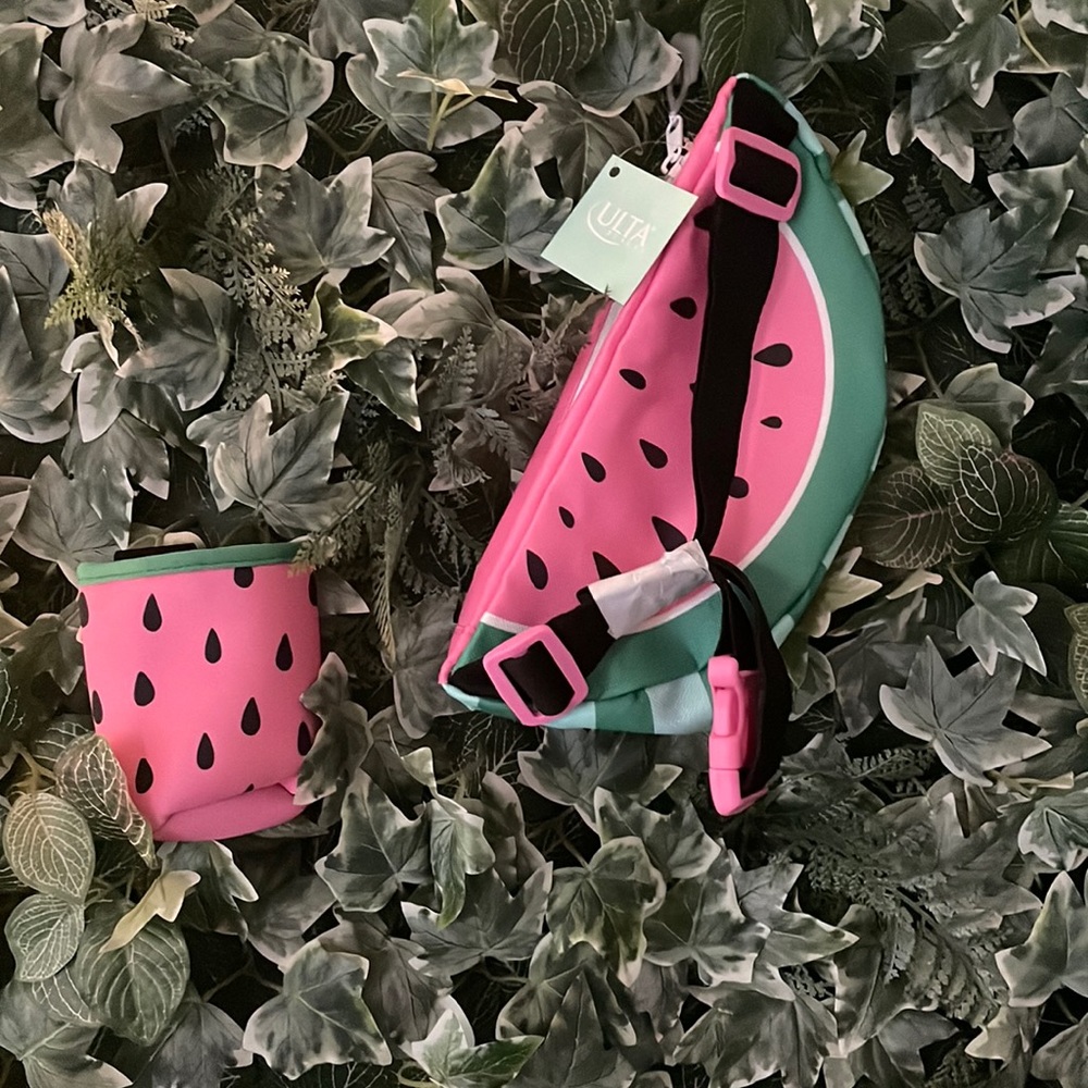 Ulta Beauty Pink & Green Watermelon Crossbody Bag with matching Koozie